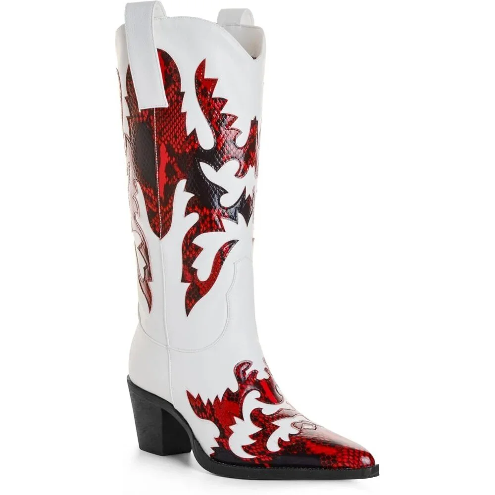 Women's White Red Claremont' Sexy Cowboy Boots Mid Calf Knee-high Patchwork